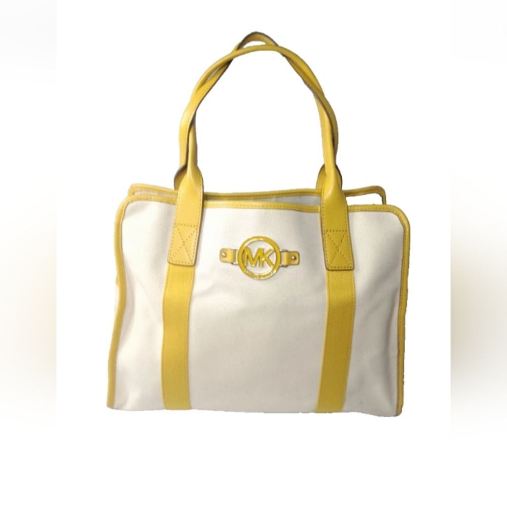 Michael Kors Large Canvas Tote Bag Purse Natural/Yellow Logo Accent